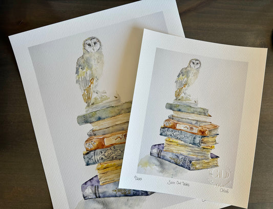 A barn owl rests atop a tower of worn Victorian books, painted in soft watercolor and original painting and giclee print  by Chloe Duncan"