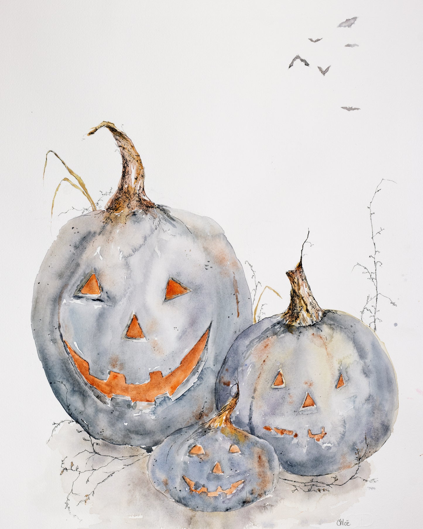 Trio of pumpkins next to each other, watercolor painting and giclee image of three pumpkins painted in darker tones by Chloe Duncan