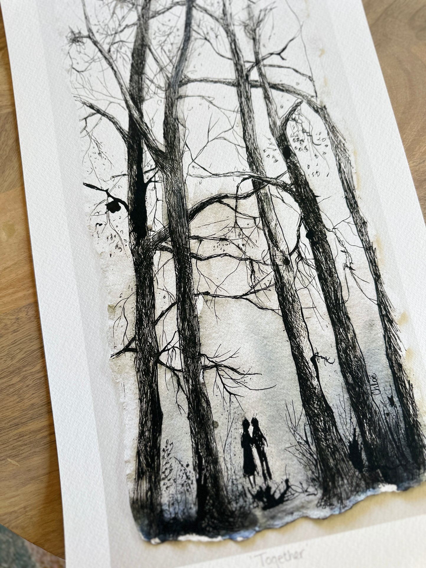 Original watercolor painting titled "Together" by Chloe Duncan, featuring two quiet silhouette figures side by side in soft earth tones, nature inspired fine art with emotional depth.