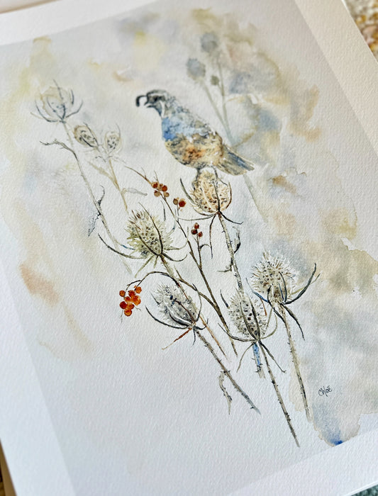 Original watercolor of a hummingbird and winter thistles by Chloe Duncan, nature inspired fine art