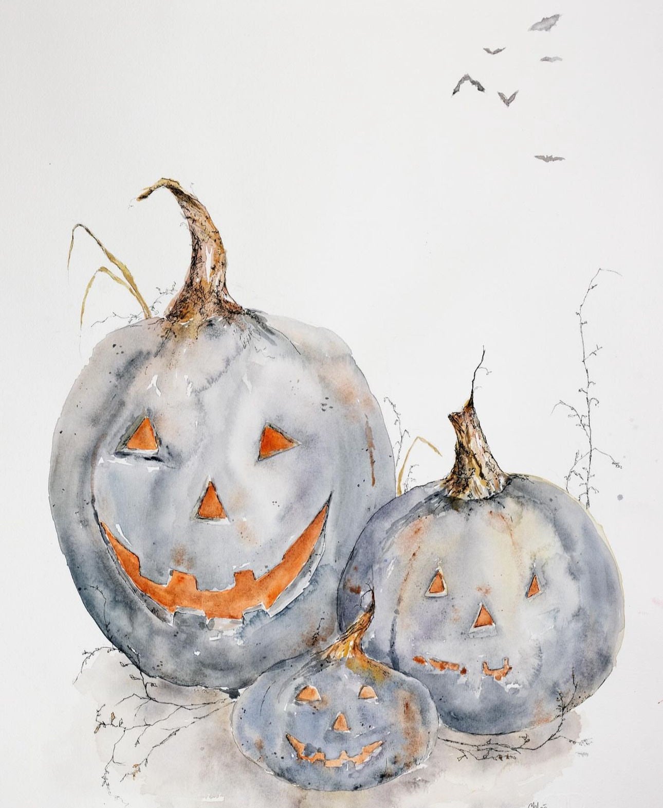 Trio of pumpkins next to each other, watercolor painting and giclee image of three pumpkins painted in darker tones by Chloe Duncan