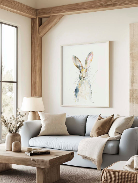 Original watercolor painting of a hare in a golden wheat field by Chloe Duncan, soft and nature inspired fine art capturing quiet wildlife in warm, earth tones.