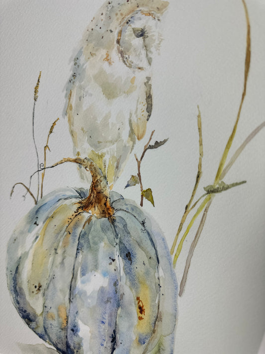 Pumpkin Owl | Rustic pumpkin Giclee print