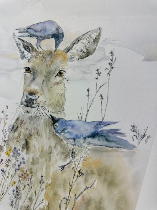A Quiet Help | Crow and Deer giclee watercolor print