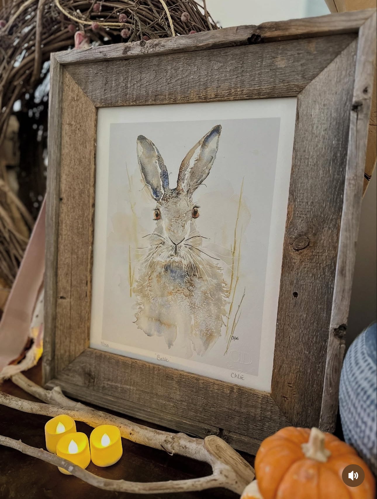 Sable framed Giclee rustic rabbit art print