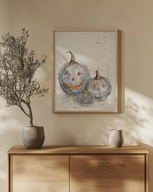 Trio of pumpkins next to each other, watercolor painting and giclee image of three pumpkins painted in darker tones by Chloe Duncan