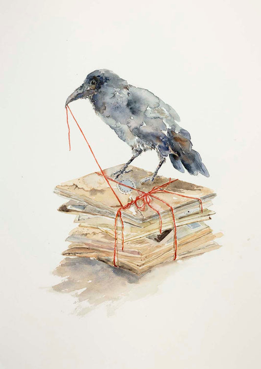 Watercolor painting of a black crow perched on a bundle of vintage letters tied with red thread, set against a soft, minimal background. The piece suggests themes of loss, memory, and unspoken words.