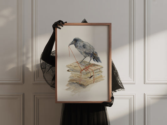Watercolor painting of a black crow perched on a bundle of vintage letters tied with red thread, set against a soft, minimal background. The piece suggests themes of loss, memory, and unspoken words.