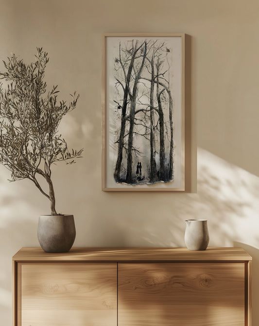 Original watercolor painting titled "Together" by Chloe Duncan, featuring two quiet figures side by side in soft earth tones, nature inspired fine art with emotional depth.