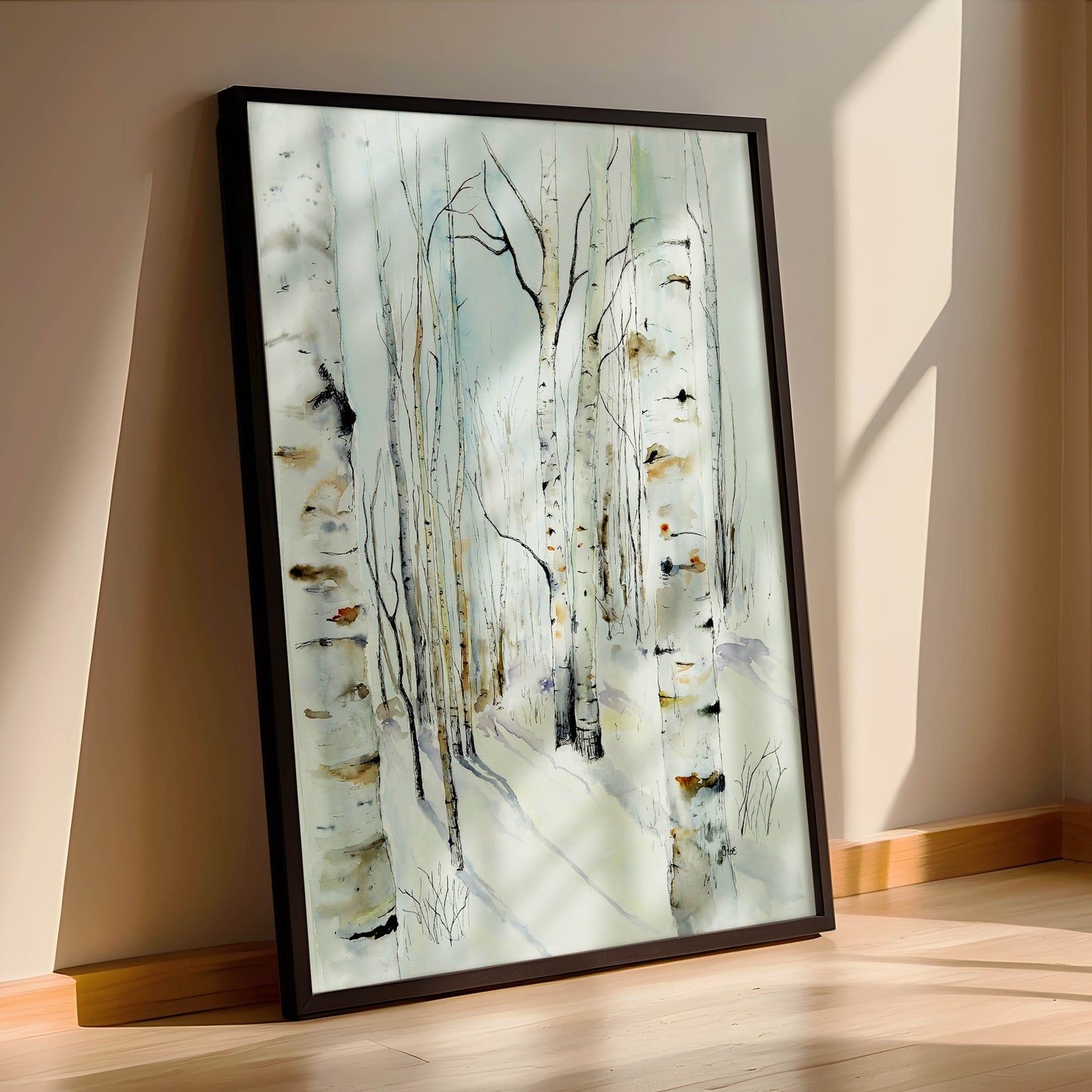 Watercolor painting of slender aspen trees in winter, their pale trunks rising through a soft, snowy landscape. Minimalist and still, this piece evokes the hush of a frozen forest. Artwork by Scottish watercolorist Chloe Duncan, known for her peaceful, nature inspired scenes.