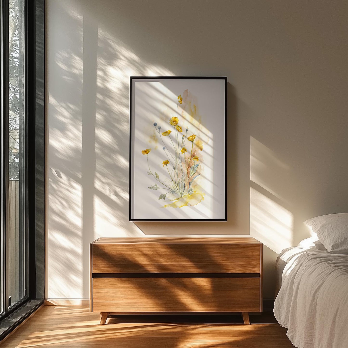 Watercolor painting of a desert marigold plant blooming in sun washed soil. Desert inspired style of desert marigolds by Chloe Duncan