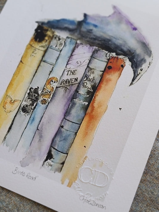 Whimsical watercolor painting of a raven perched on a stack of old books, created by Scottish artist Chloe Duncan. Gentle, storybook tones with folklore inspired mood