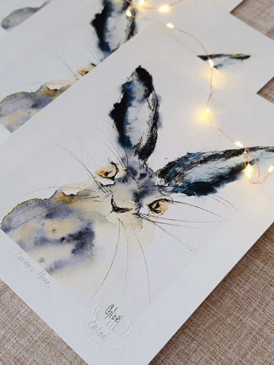 Watercolor painting of a gentle hare with upright ears. Surrounded by open white space, the soft brushwork captures a moment of quiet curiosity. Created by Scottish artist Chloe Duncan, whose work blends animals and quiet emotion.