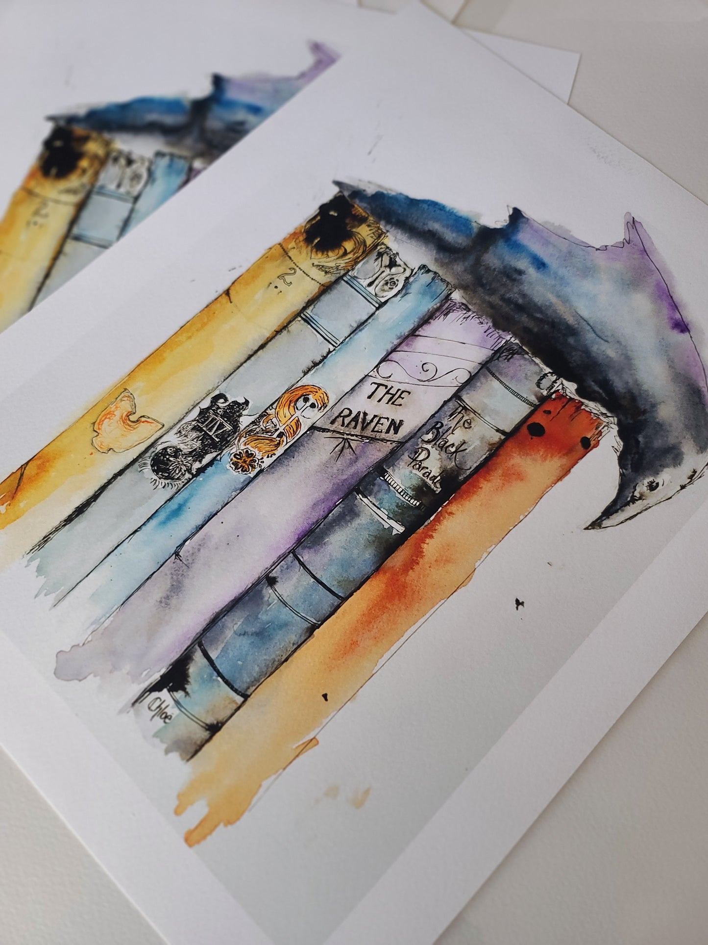 Whimsical watercolor painting of a raven perched on a stack of old books, created by Scottish artist Chloe Duncan. Gentle, storybook tones with folklore inspired mood