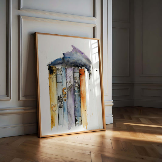 Whimsical watercolor painting of a raven perched on a stack of old books, created by Scottish artist Chloe Duncan. Gentle, storybook tones with folklore inspired mood