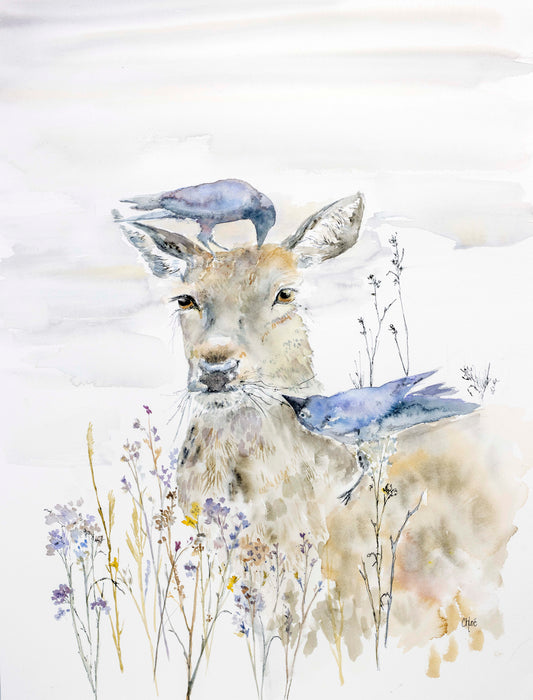 A Quiet Help | Crow and Deer giclee watercolor print