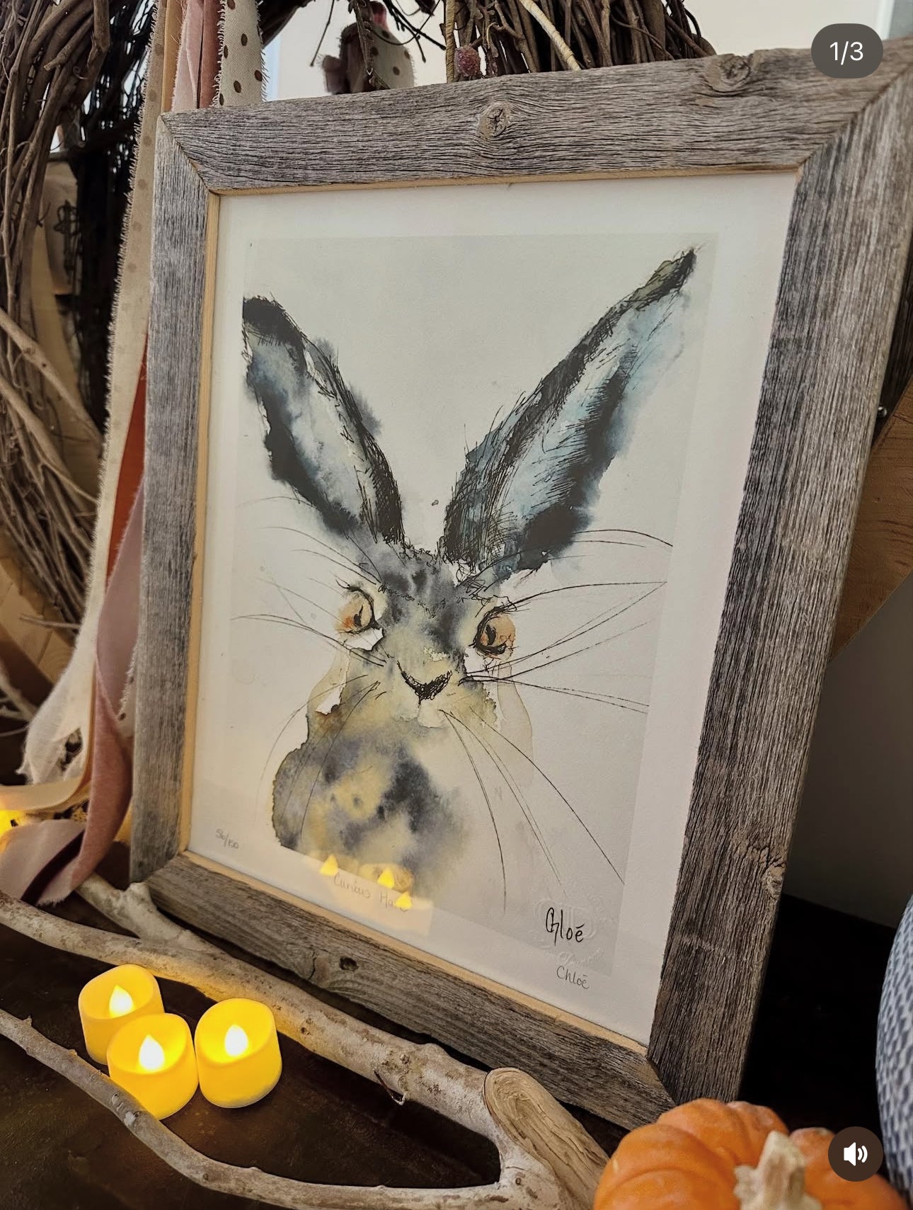 Curious Hare framed Giclee rustic rabbit art print