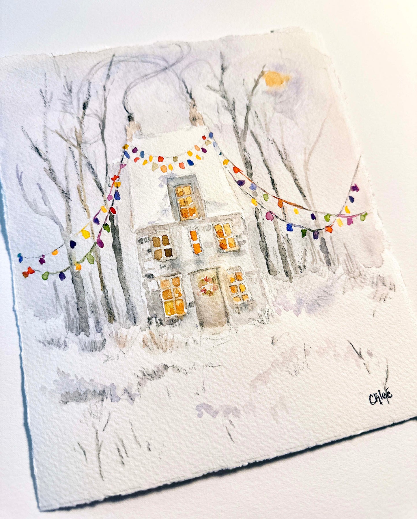Original watercolor "String of Winter Light"