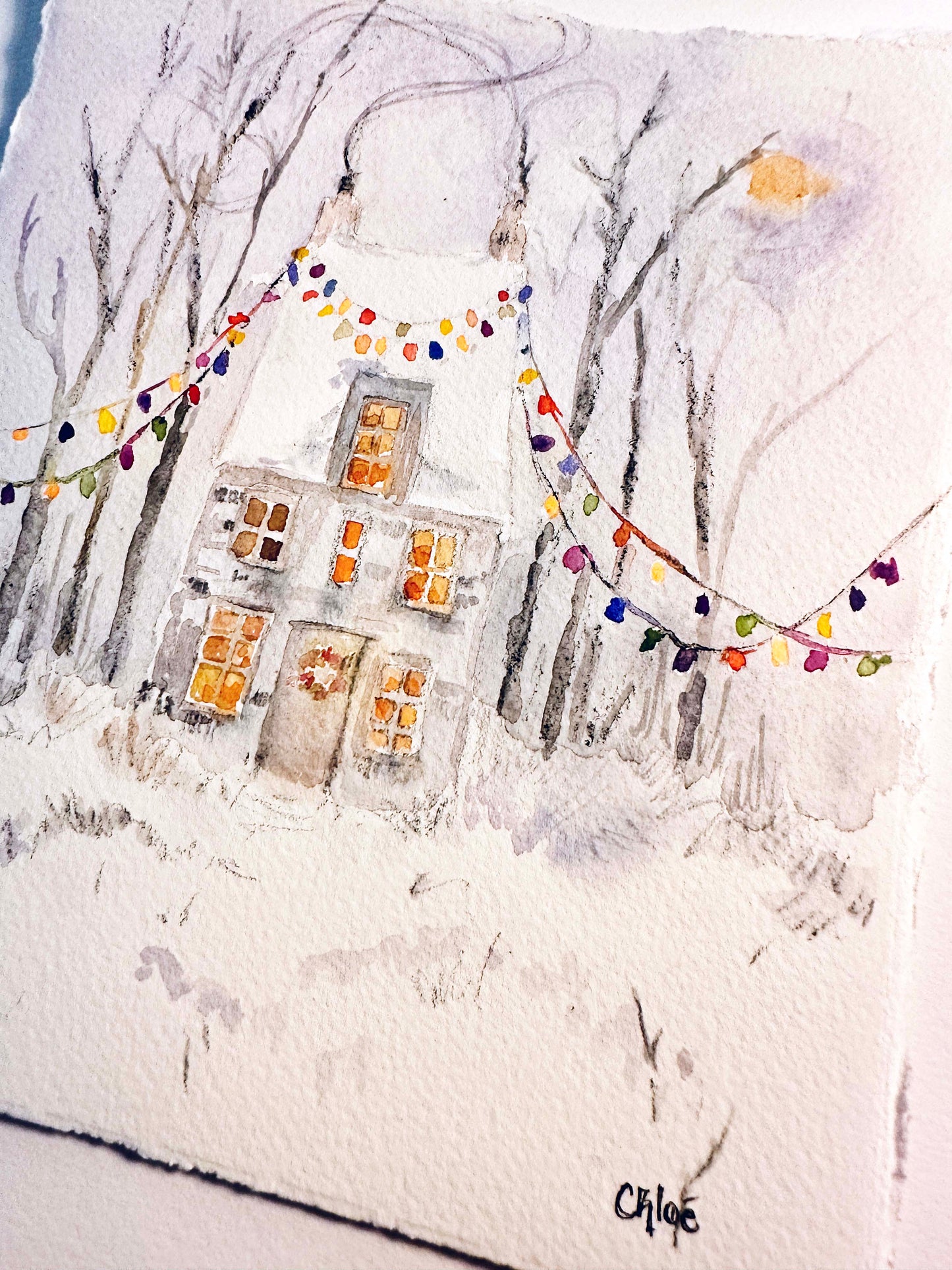 Original watercolor "String of Winter Light"