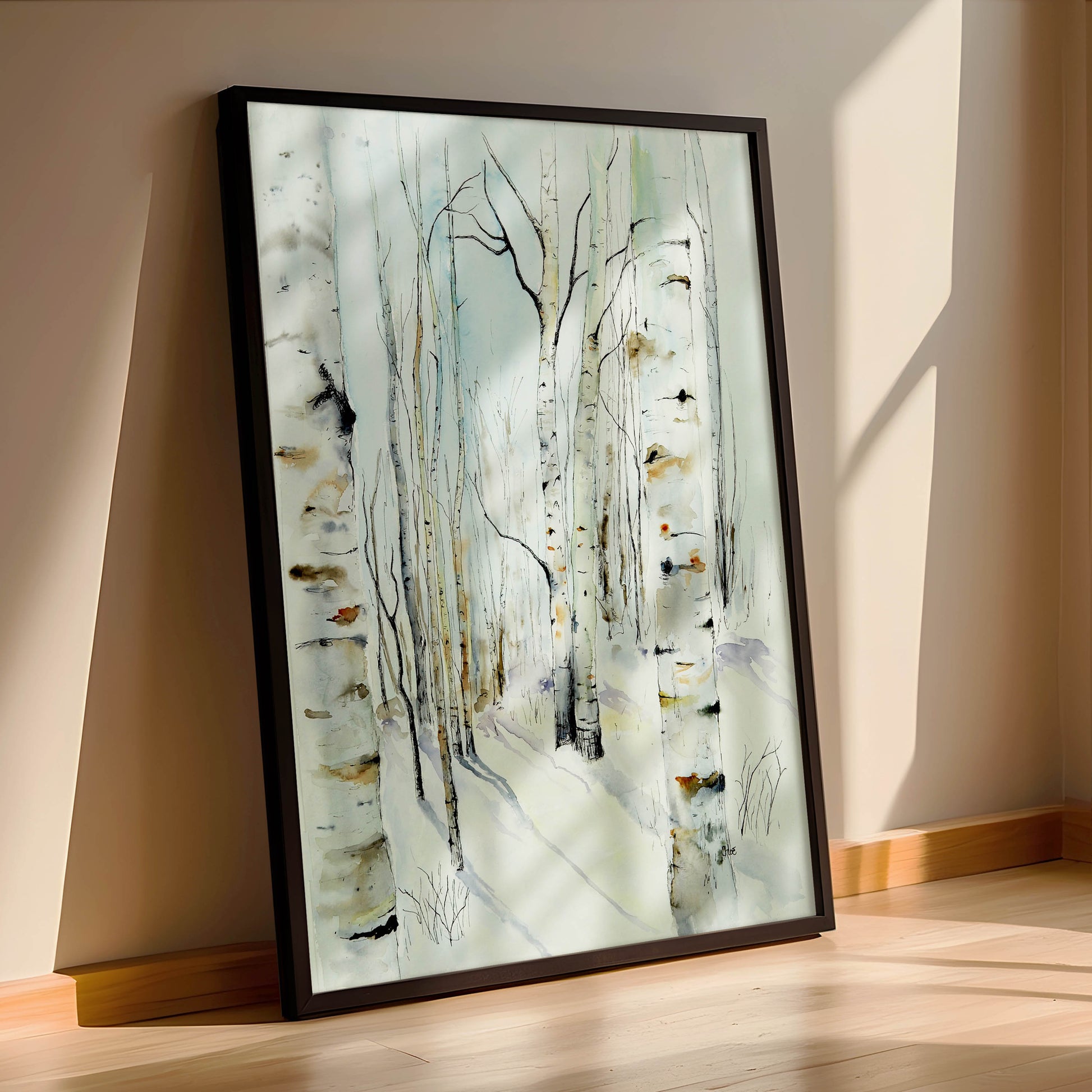 Watercolor painting of slender aspen trees in winter, their pale trunks rising through a soft, snowy landscape. Minimalist and still, this piece evokes the hush of a frozen forest. Artwork by Scottish watercolorist Chloe Duncan, known for her peaceful, nature inspired scenes.