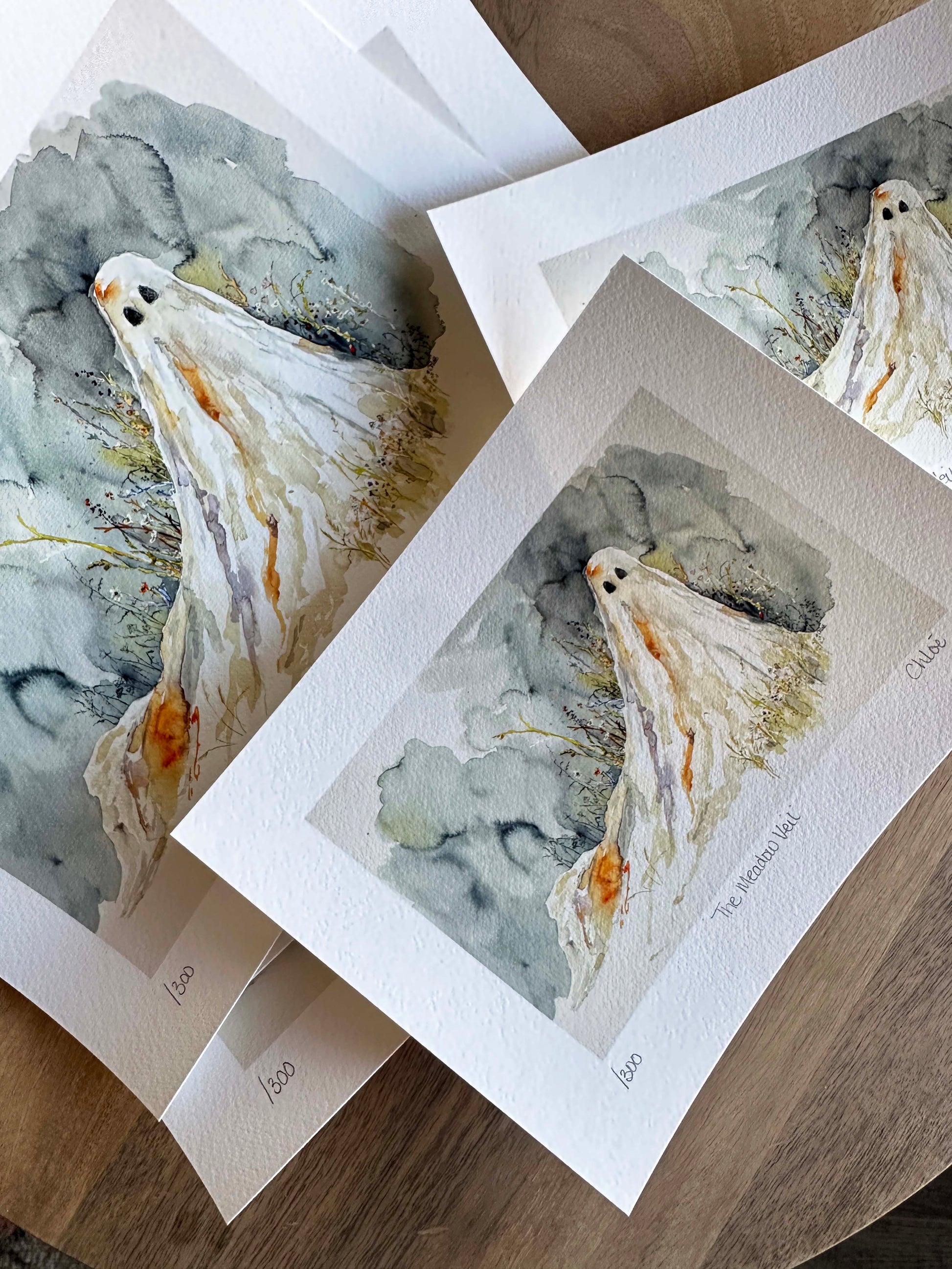 The Meadow Veil giclee halloween print. Sheet ghost amongst wild flowers