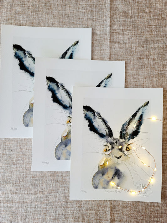 giclee print wildlife art, interior decor forest decor.hare art, wildlife art, forest creature wildlife art, rabbit animal prints, watercolor rabbit, fairy lights, interior decor