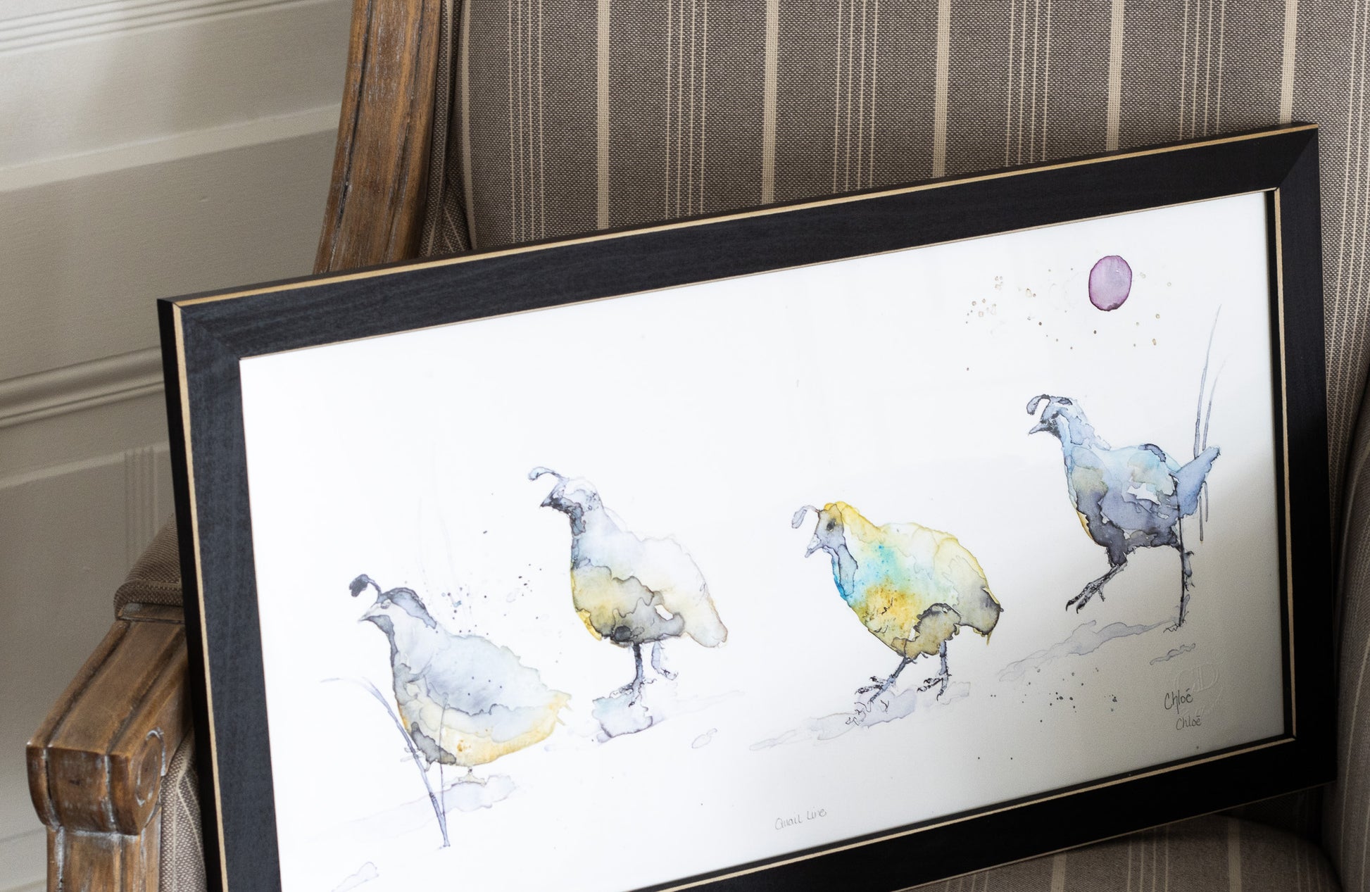 Watercolor image of quail line on antique chair