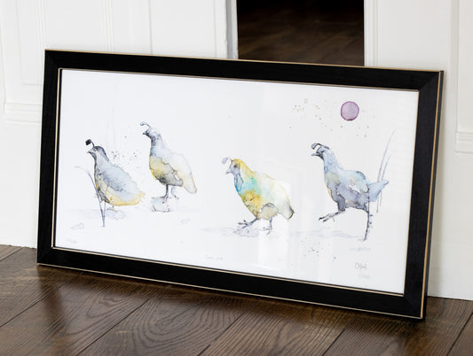 Framed watercolor image of quail walking walking in a line