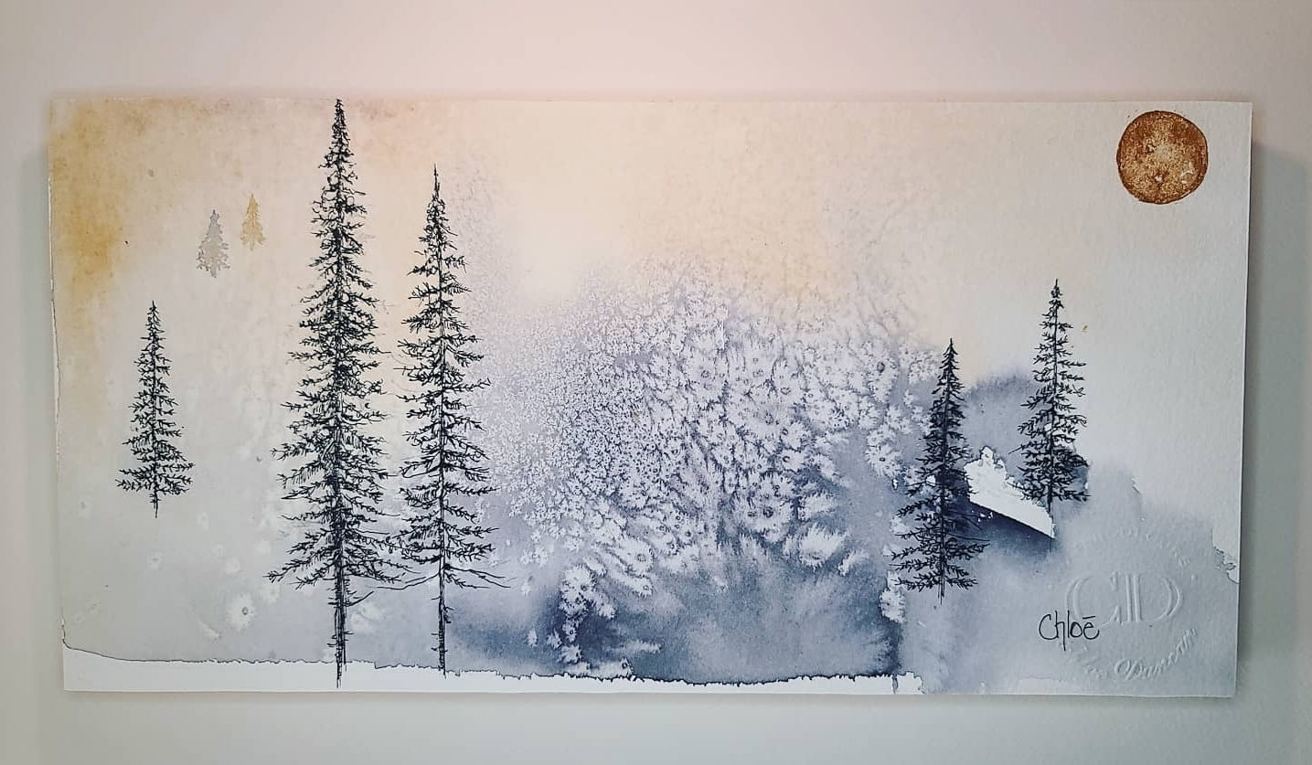 watercolor and pen and ink trees, idaho art, tree art and mountains, watercolor on canvas art, idaho mountain scene, chloe duncan, minimalist mountains, mountain watercolor painting 