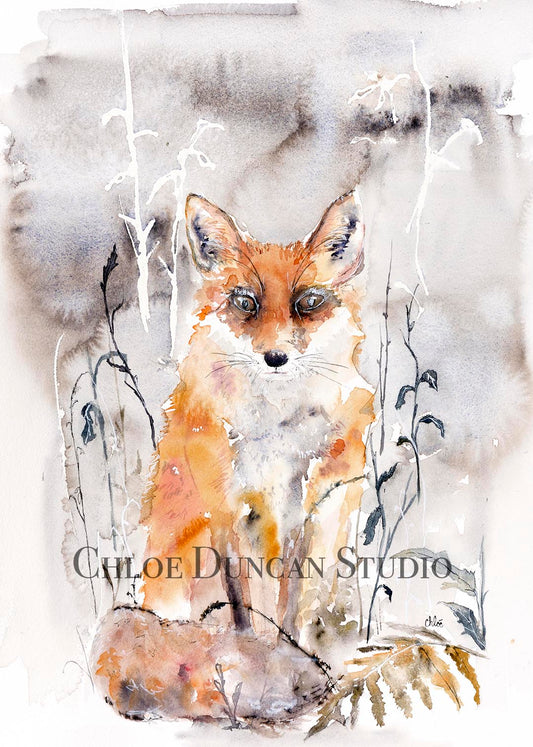 Watercolor Fox painting of a fox sitting amongst wild foliage and ferns. Watercolor blooms and minimalist background