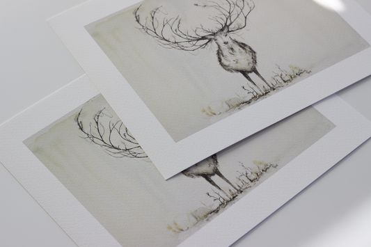 Deer with exaggerated antlers in neutral tones. Image is in mostly pen and ink with light watercolor washes, by Scottish artist CHLOE DUNCAN. Large antlers like a Christmas stag look like tree branches. Rustic farmhouse decor and giclee fine art prints of wildlife.